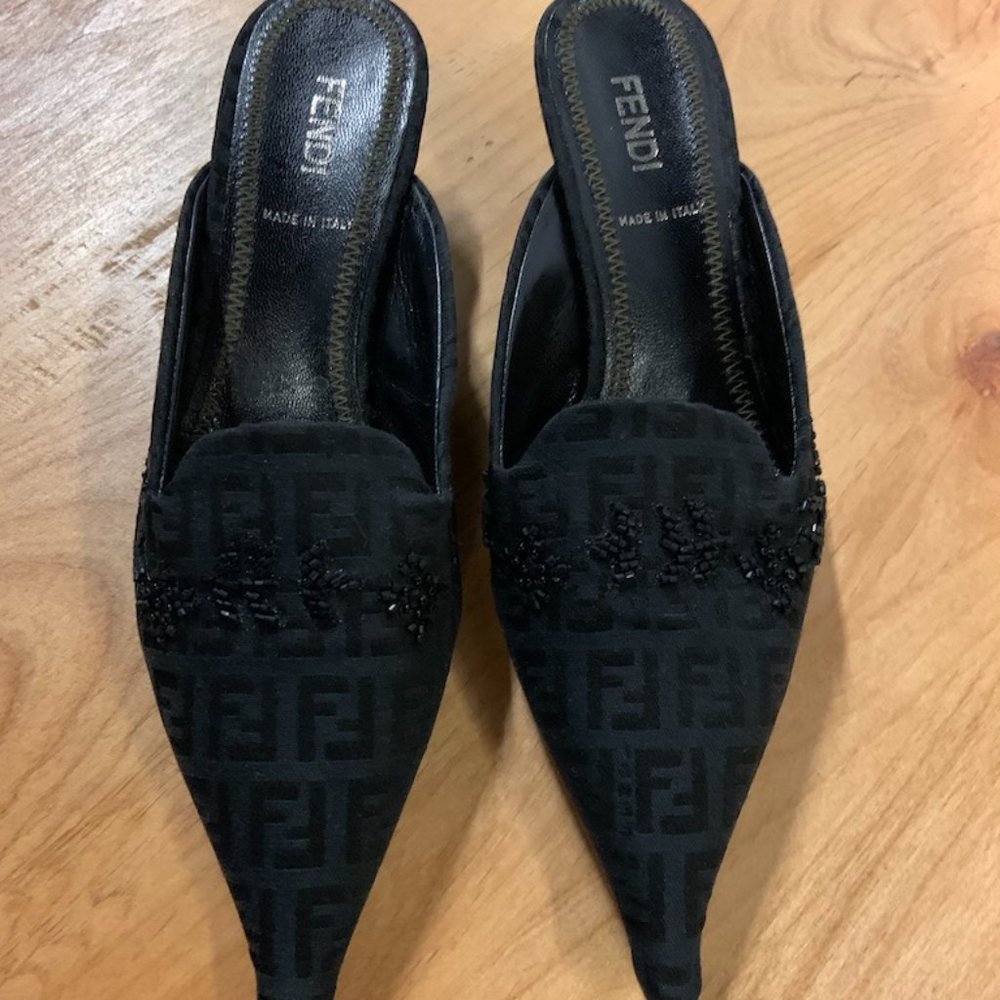 Fendi Monogram Black Beaded Kitten Heel Slide